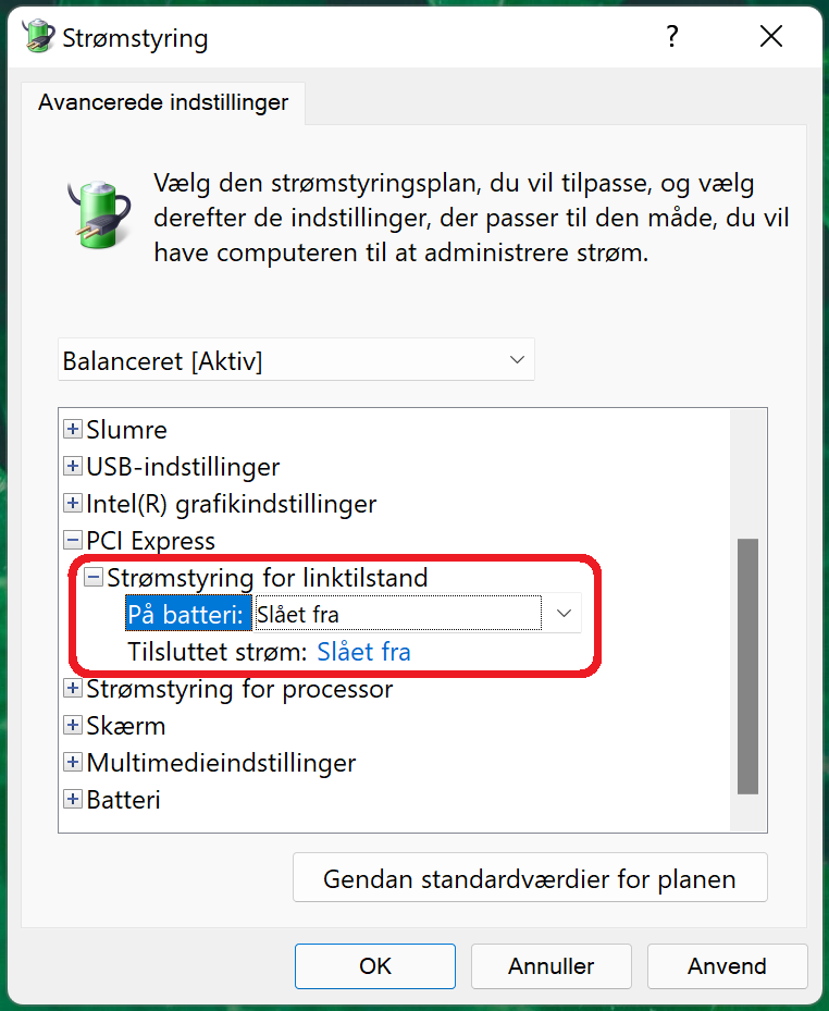 PCI-Express slået fra på batteri