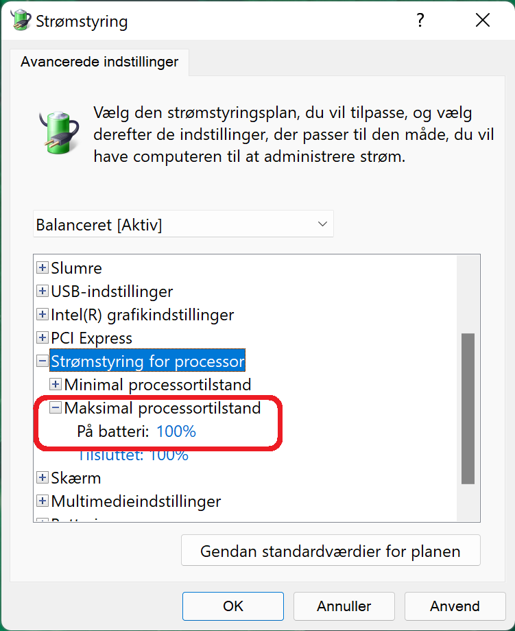 Maksimal processortilstand til 100%