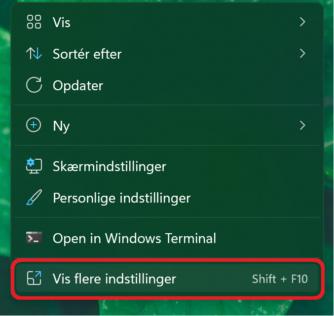 Højreklik på skrivebord og vælg vis flere indstillinger