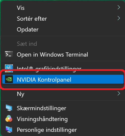 Nvidia kontrolpanel i højreklik menuen