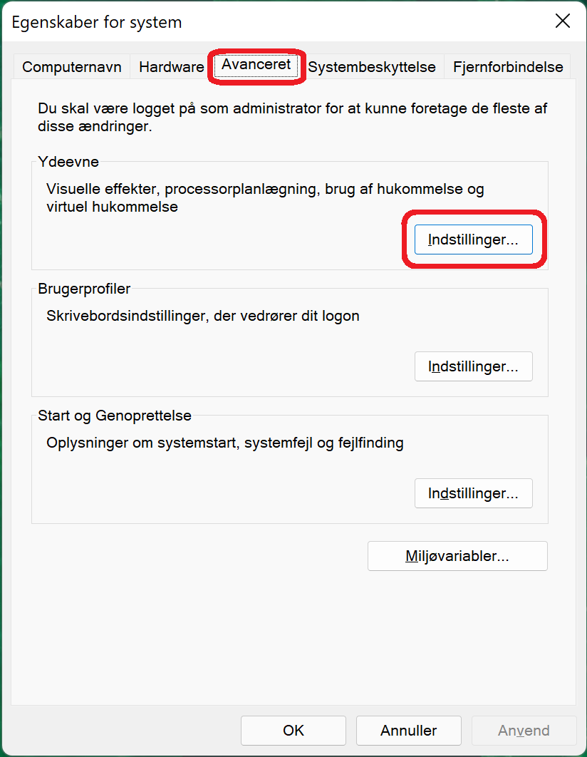 Avancerede systemindstillinger