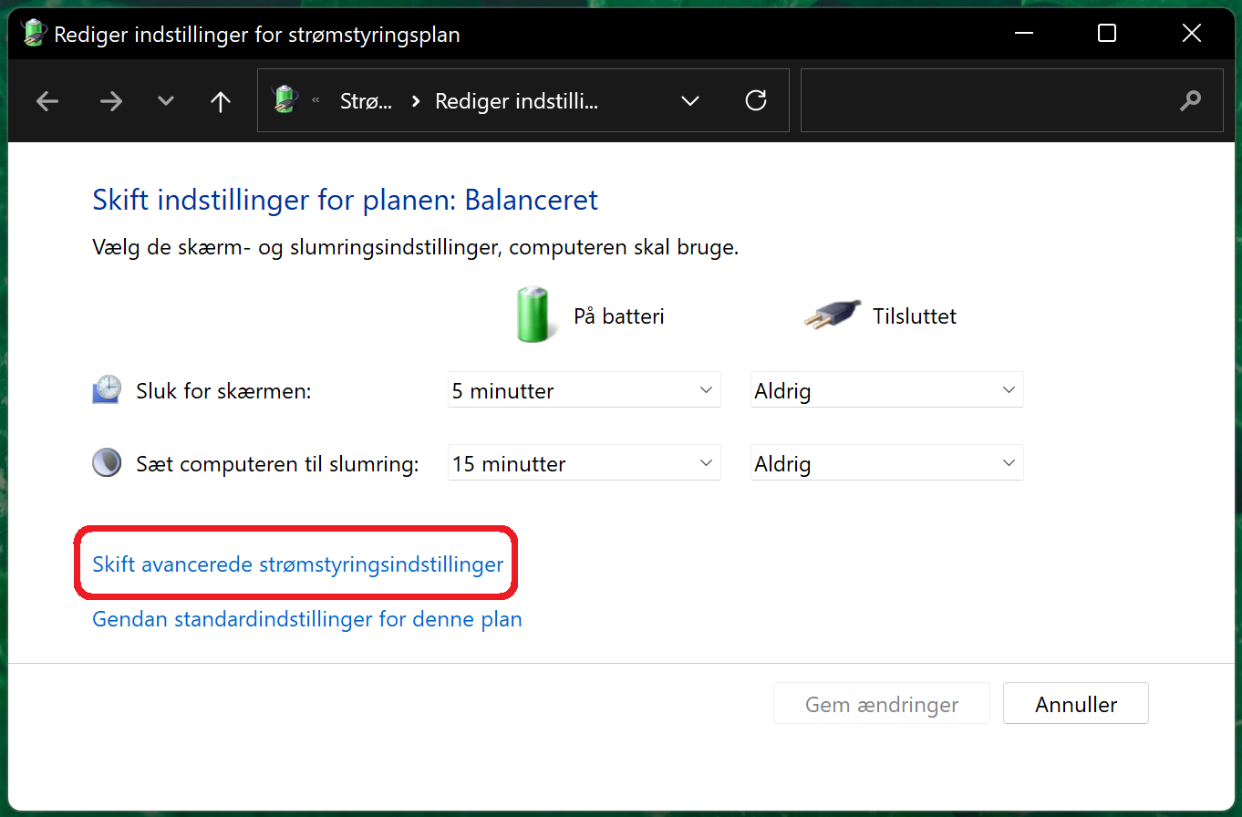 Menuen Rediger indstillinger for strømstyringsplan