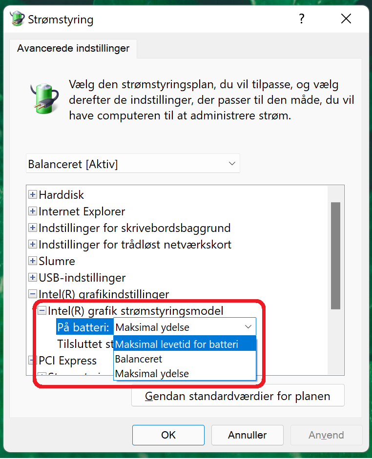 Strømstyring under intel grafikindstillinger