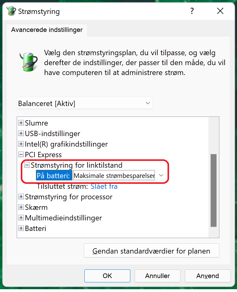 Strømstyring under PCI-Express LINK tilstand