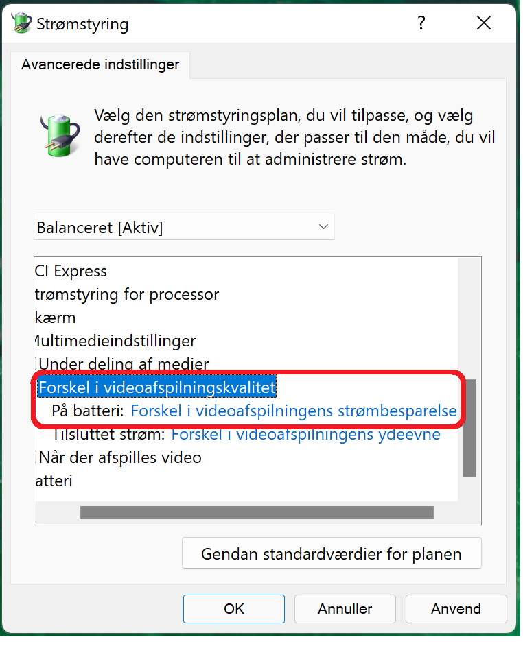Strømstyring under videoafspilningskvalitet
