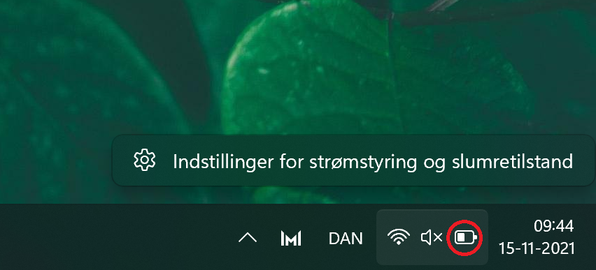 højreklik menu fra batteri ikon i højre nederste hjørne