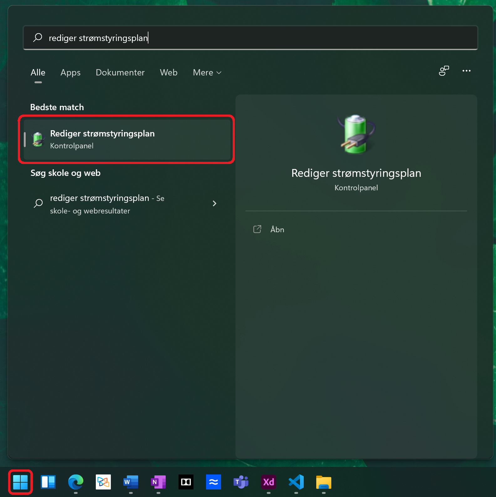Windows start med søgekriterie rediger strømstyringsplan
